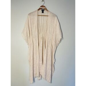Evie & Emma Cotton Ramie Blend Outfit Topper Kimono. One Size. Tan. Frayed Edges